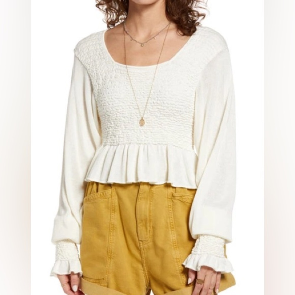 NWT FREE PEOPLE Free Spirit Smocked Peplum Knit Top sweater In cream